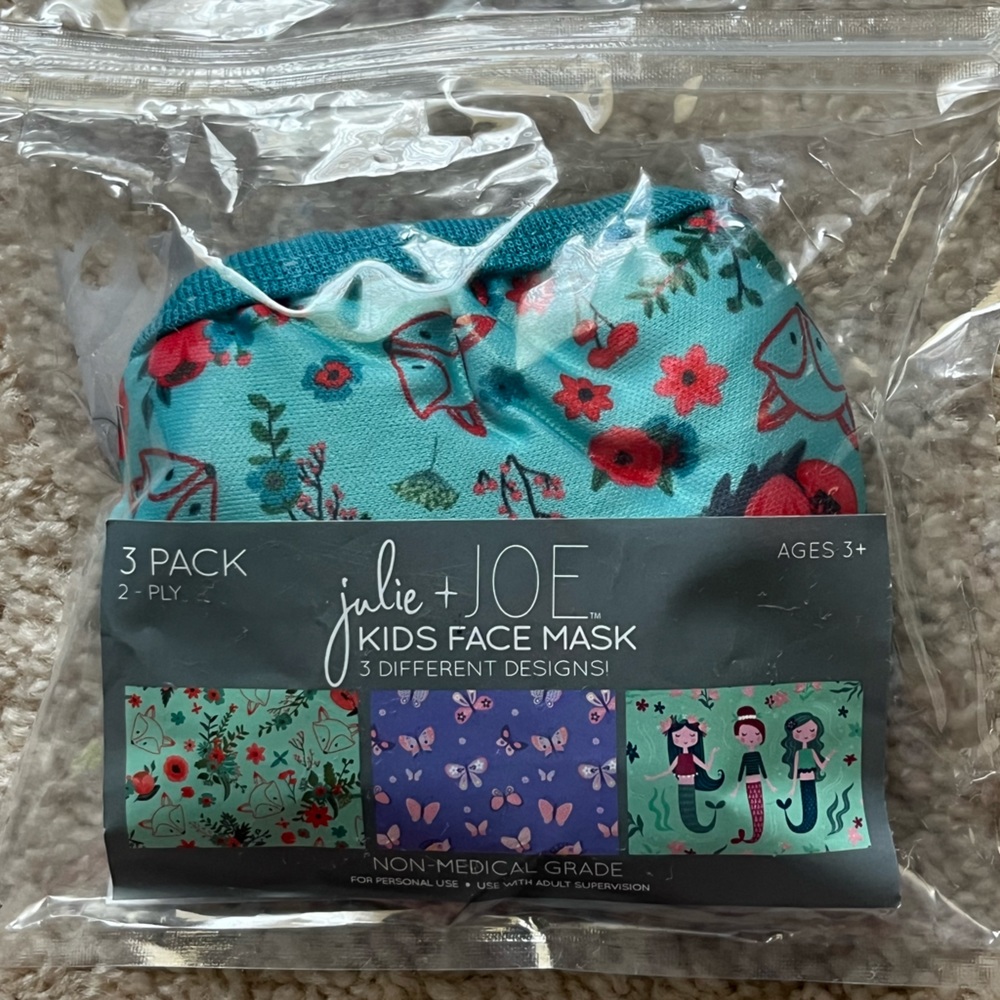 🆕 Julie + Joe Kids Face Masks 3 PACK Mermaids Butterflies Foxes
